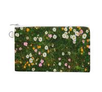 Cartera de lona, diseño de campo de flores, blanco, amarillo, naranja, rosa, con estampado de flores silvestres, monedero con cremallera, bolsa pequeña para cosméticos