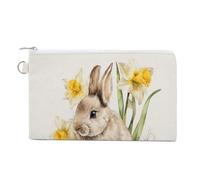 Cartera de lona, diseño de conejito con huevos en un nido, monedero con estampado de narcisos, monedero con cremallera, pequeña bolsa de cosméticos