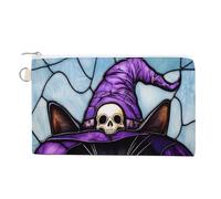 Cartera de lona, diseño de gatito de Halloween con sombrero de bruja morado, monedero con cremallera, pequeña bolsa de cosméticos