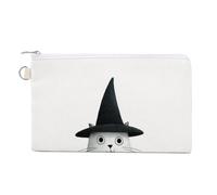 Cartera de lona, diseño de gato blanco con sombrero de bruja negro, monedero con cremallera, bolsa pequeña para cosméticos