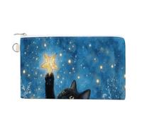 Cartera de lona, diseño de gato negro sosteniendo una estrella dorada brillante, monedero con cremallera, pequeña bolsa de cosméticos