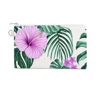 Cartera de lona, diseño de hojas tropicales, flores rosas, monedero con estampado de hibisco, monedero con cremallera, pequeña bolsa de cosméticos