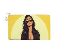 Cartera de lona, diseño de mujer de dibujos animados en negro con estampado de piloto, monedero con cremallera, bolsa pequeña para cosméticos