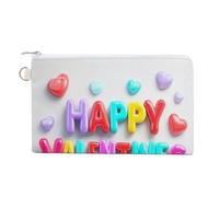 Cartera de lona, diseño de palabras coloridas con texto en inglés "Happy Valentine's Day", monedero con estampado de corazones, monedero con cremallera, pequeña bolsa de cosméticos
