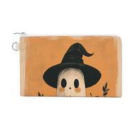 Cartera de lona, diseño retro de fantasma espeluznante en sombrero de bruja, monedero con cremallera, bolsa de cosméticos pequeña