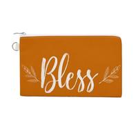 Cartera de lona, diseño rústico con texto en inglés "Bless Our Home" en color naranja, monedero con cremallera, pequeña bolsa de cosméticos