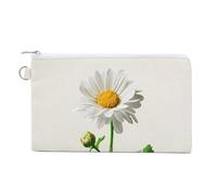 Cartera de lona, margarita blanca con hojas de tallo y estampado de acuarela, monedero con cremallera, pequeña bolsa de cosméticos