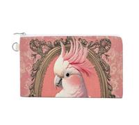 Cartera de lona, monedero con estampado de cacatúa rosa en marco vintage, monedero con cremallera, pequeña bolsa de cosméticos