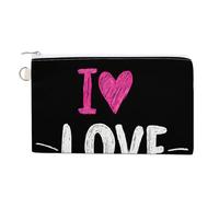 Cartera de lona, monedero con estampado de corazón rosa I Love Cats, monedero con cremallera, pequeña bolsa de cosméticos