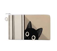 Cartera de lona, monedero con estampado de dibujos animados de gato negro mirando desde la puerta, monedero con cremallera, pequeña bolsa de cosméticos