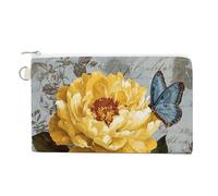 Cartera de lona, monedero con estampado de flores de peonía amarillas y mariposas, monedero con cremallera, pequeña bolsa de cosméticos