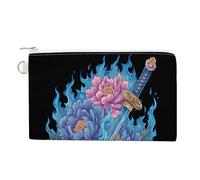 Cartera de lona, monedero con estampado de flores de peonía Katana con llamas azules, monedero con cremallera, pequeña bolsa de cosméticos