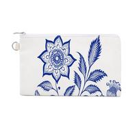 Cartera de lona, monedero con estampado de flores indias azules y blancas, monedero con cremallera, pequeña bolsa de cosméticos