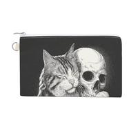 Cartera de lona, monedero con estampado de gato atigrado abrazando un esqueleto, monedero con cremallera, pequeña bolsa de cosméticos