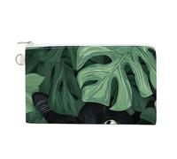 Cartera de lona, monedero con estampado de gato negro con hojas botánicas verdes, monedero con cremallera, pequeña bolsa de cosméticos