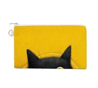 Cartera de lona, monedero con estampado de gato negro mirando desde amarillo, monedero con cremallera, pequeña bolsa de cosméticos