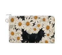 Cartera de lona, monedero con estampado de gato negro mirando desde margaritas blancas, monedero con cremallera, pequeña bolsa de cosméticos