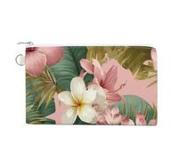 Cartera de lona, monedero con estampado de hojas de plátano tropicales y flores blancas rosas, monedero con cremallera, pequeña bolsa de cosméticos