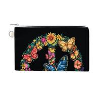 Cartera de lona, monedero con estampado de mariposas y flores con signo de paz, monedero con cremallera, pequeña bolsa de cosméticos