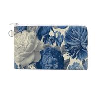 Cartera de lona, monedero con estampado floral azul y blanco con rosas y peonías, monedero con cremallera, pequeña bolsa de cosméticos
