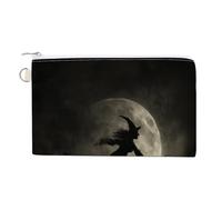 Cartera de lona, monedero con estampado vintage de bruja volando en su escoba, monedero con cremallera, pequeña bolsa de cosméticos