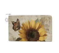 Cartera de lona, monedero con estampado vintage de girasol y mariposa, monedero con cremallera, pequeña bolsa de cosméticos