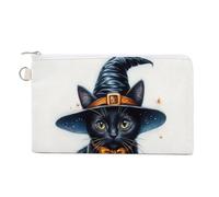 Cartera de lona, monedero retro con diseño de gato negro con sombrero de bruja y calabaza, monedero con cremallera, pequeña bolsa de cosméticos