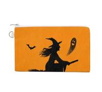 Cartera de lona, silueta de bruja en una escoba, monedero con estampado de fantasma, monedero con cremallera, pequeña bolsa de cosméticos