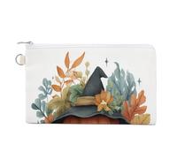 Cartera de lona, sombrero de bruja de calabaza, estampado de hojas de otoño, monedero con cremallera, bolsa pequeña para cosméticos