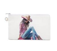 Cartera de lona, vaquera sentada en una bola de discoteca gigante, monedero con cremallera, pequeña bolsa de cosméticos