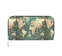 Cartera de mano larga con estampado retro de mapa del mundo, gran capacidad, bolsillo con cremallera, cartera de mano de viaje