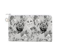 Cartera de mano suave, bolso de lona para mujer, con cremallera, para maquillaje, monedero, billetes, 19 x 11,4 cm, estampado vintage de gatos, animales salvajes con flores, estilo blanco y negro.