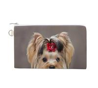 Cartera de mano suave, bolso de lona para mujer, con cremallera, para maquillaje, monedero, billetes, 19 x 11,5 cm, estampado de un lindo Yorkshire Terrier marrón sentado sobre una manta de plumas bla