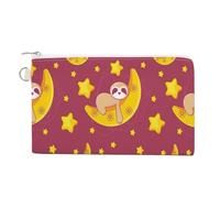 Cartera de mano suave, bolso de mano de lona para mujer, con cremallera, neceser, monedero, para tarjetas de crédito, monedas, billetes, 19 x 11 cm, estampado de perezoso sobre luna creciente amarilla