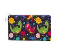 Cartera de mano suave, bolso de mano de lona para mujer, con cremallera, para maquillaje, monedero, billetes, 19 x 11 cm, estampado de dinosaurios coloridos en el universo espacial galáctico en negro.