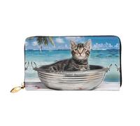 Cartera de mujer con diseño de gato en un lavabo, cartera de mano larga, tarjetero de crédito, monedero de viaje, negro, talla única, Black, Talla única