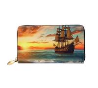 Cartera de piel con cremallera alrededor de Pirate Ship In The Sunset, impermeable, con soporte para teléfono, monedero de viaje para mujer