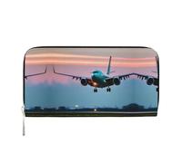 Cartera de piel con estampado de Airplane in The Evening Lights para mujeres y hombres, cartera de cuero con cremallera, gran capacidad