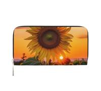 Cartera de piel sintética con diseño de girasol y puesta de sol para mujeres y niñas, con cremallera alrededor, tarjetero largo de poliuretano, bolso de mano impermeable para viaje