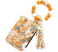 Cartera de pulsera bohemia, cartera multicolor con cuentas florales para mujer, llavero con cuentas y borlas con patrón de flores, Amarillo, moderno