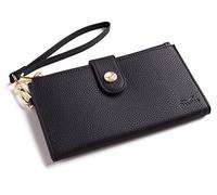 Cartera de pulsera RFID y soporte para teléfono para mujer, organizador plegable para tarjetas de crédito con bolsillos con cremallera y dulce empaquetado en caja de regalo, Negro-Lichee Grano, S