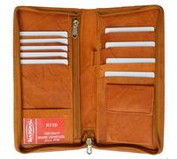 Cartera de viaje con bloqueo RFID y soporte para pasaporte familiar, soporte para documentos y organizador de cuero genuino que protege tus pasaportes, Beige Bronceado, Compacto
