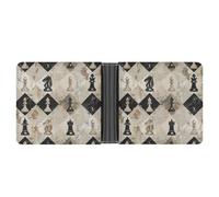 Cartera delgada compacta plegable con pieza de ajedrez, cartera de cuero con patrón marrón, carteras minimalistas para hombres con tarjetero de crédito, ranura para monedas, ventana de identificación