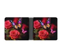 Cartera delgada compacta plegable de cuero con mariposa y rosa, carteras minimalistas para hombres con tarjetero de crédito, ranura para monedas, ventana de identificación, unisex