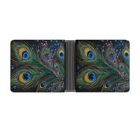 Cartera delgada compacta y plegable de cuero de plumas de pavo real, carteras minimalistas para hombres con tarjetero de crédito, ranura para monedas, ventana de identificación, unisex