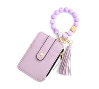 Cartera delgada de piel sintética para tarjetas de crédito con borla, elegante pulsera, cartera fina, cierre de cremallera, bolsillo para llaves, viajes, compras, citas, bolso, morado, 11.99 x 8.51 x