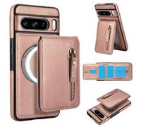Cartera desmontable compatible con carga inalámbrica Magsafe para Google Pixel 8 Pro con tarjetero, bolsillo con cremallera, soporte 2 en 1 a prueba de golpes (oro rosa)