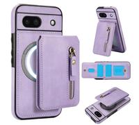Cartera desmontable compatible con carga inalámbrica Magsafe para Google Pixel 8A con tarjetero, bolsillo con cremallera, soporte 2 en 1 a prueba de golpes (morado)