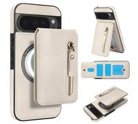 Cartera desmontable compatible con carga inalámbrica Magsafe para Google Pixel 9 con tarjetero, bolsillo con cremallera, soporte 2 en 1 a prueba de golpes (blanco)