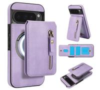 Cartera desmontable compatible con carga inalámbrica Magsafe para Google Pixel 9 Pro con tarjetero, bolsillo con cremallera, soporte 2 en 1 a prueba de golpes (morado)